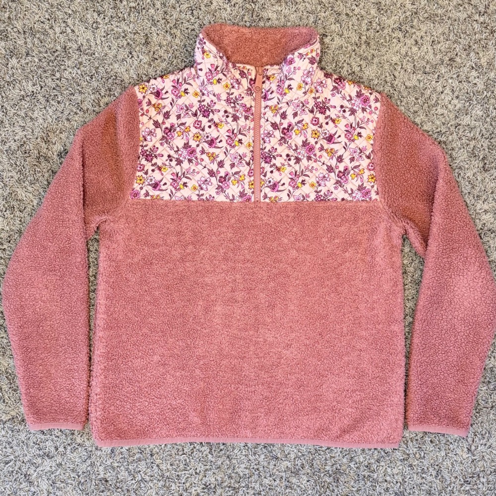 Vera Bradley Womens S/M Rose Pink Sherpa Fleece Floral Quilted 1/4 Zip Pullover